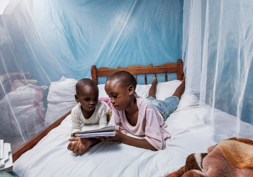 Two children reading on a bed under a mosquito net